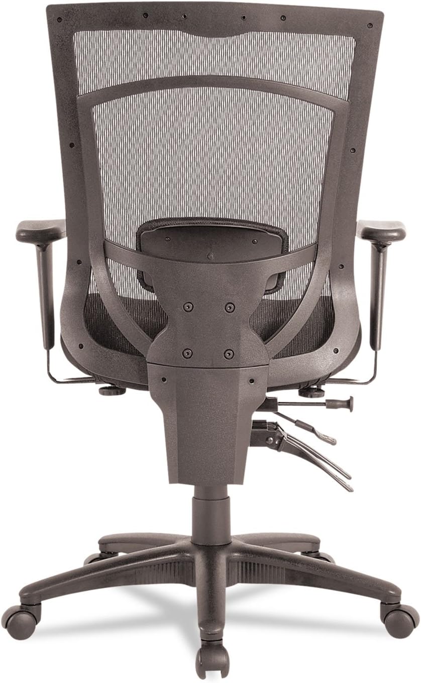 Rear view of the Alera EX Series Mesh Multifunction High-Back Chair, highlighting the backrest frame, lumbar support mechanism, and the chair's base.