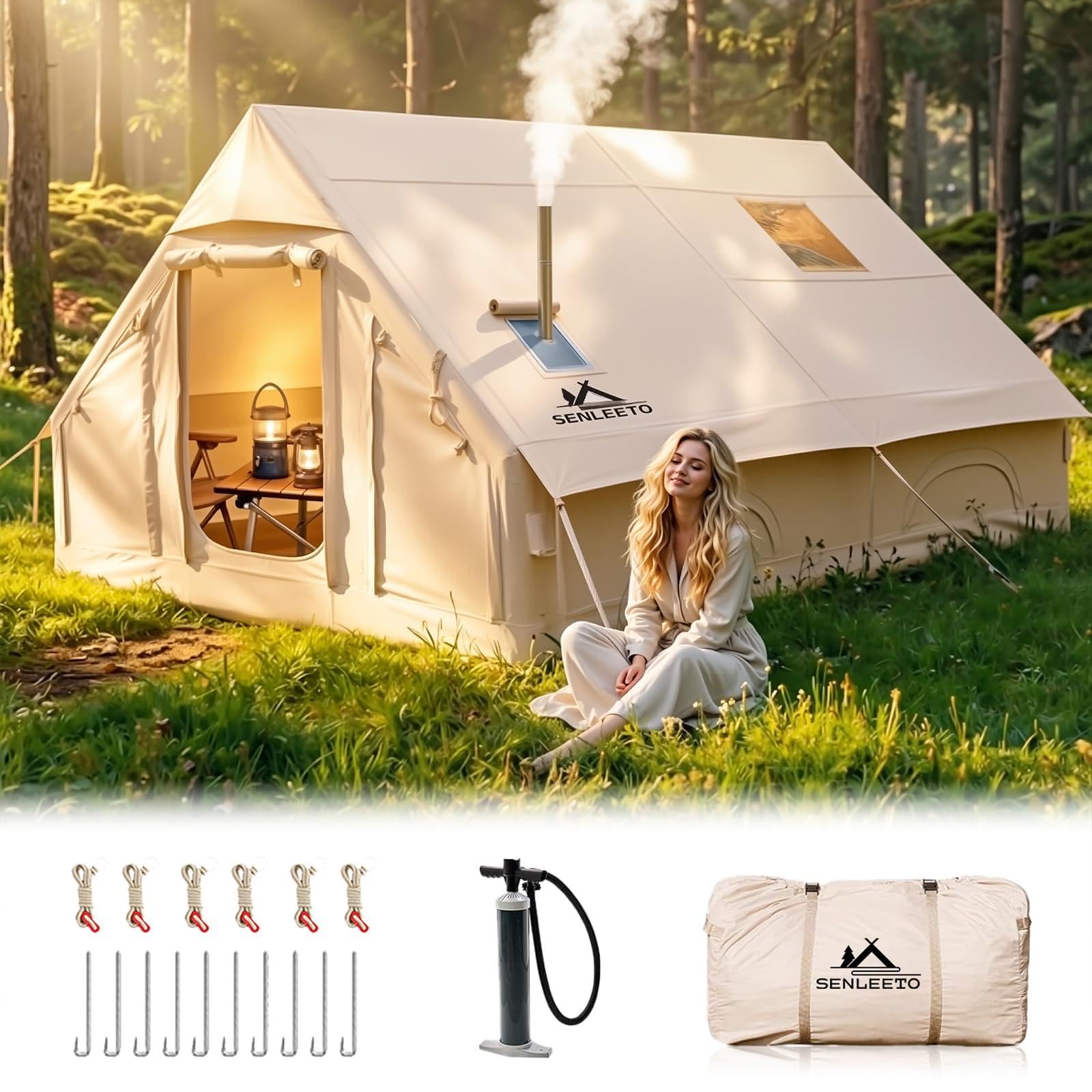 Inflatable Camping Tents 8-10 Person,129 Square Feets Large Inflatable Camping Tent with Stove Jack,Blow up Tent with Mesh Windows & Pump