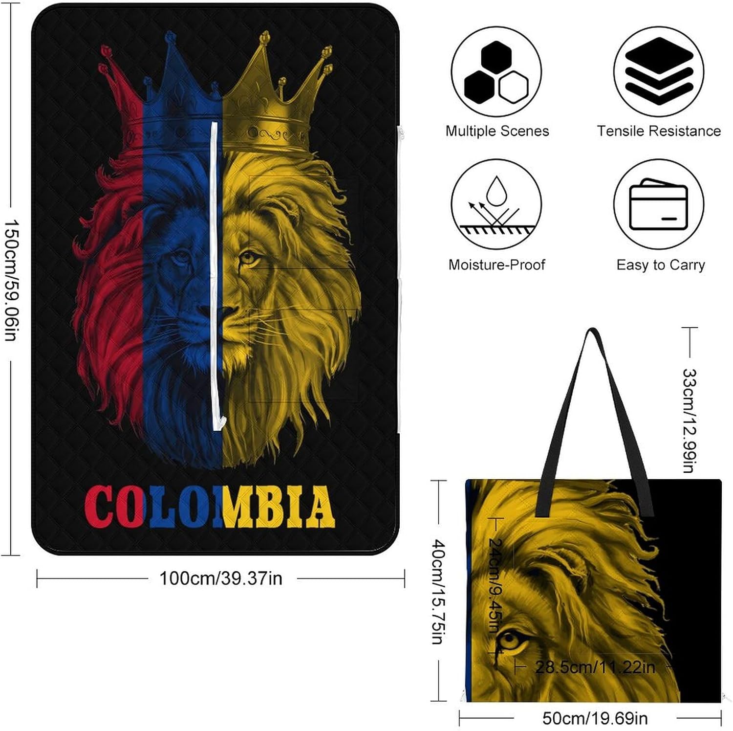 King Lion Colombia Flag Picnic Blankets,Portable Waterproof Foldable Picnic Mat,Sandproof Outdoor Mat for Park Picnic Blanket Accessories for Adults