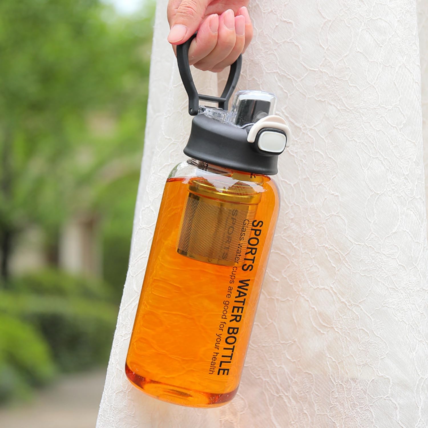Glas-Tee-Flasche mit Teesieb, Gas-Tee-Becher mit Teesieb, Borosilikatglas-Infuser, Wasserflasche mit Strohhalm, Hülle, Verschlussdeckel und Griff, auslaufsicher (750 ml)