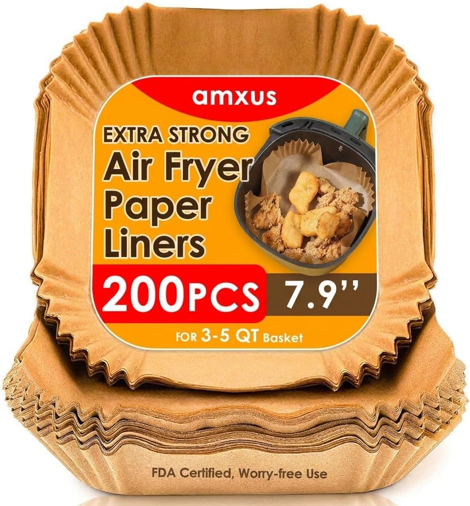 200PCS Air Fryer Disposable Paper Liners, amxus 7.9 Inch Air Fryer Parchment Paper for 3-5QT Waterproof Oil Resistant Non-Stick Air Fryer, Microwave, Oven and More