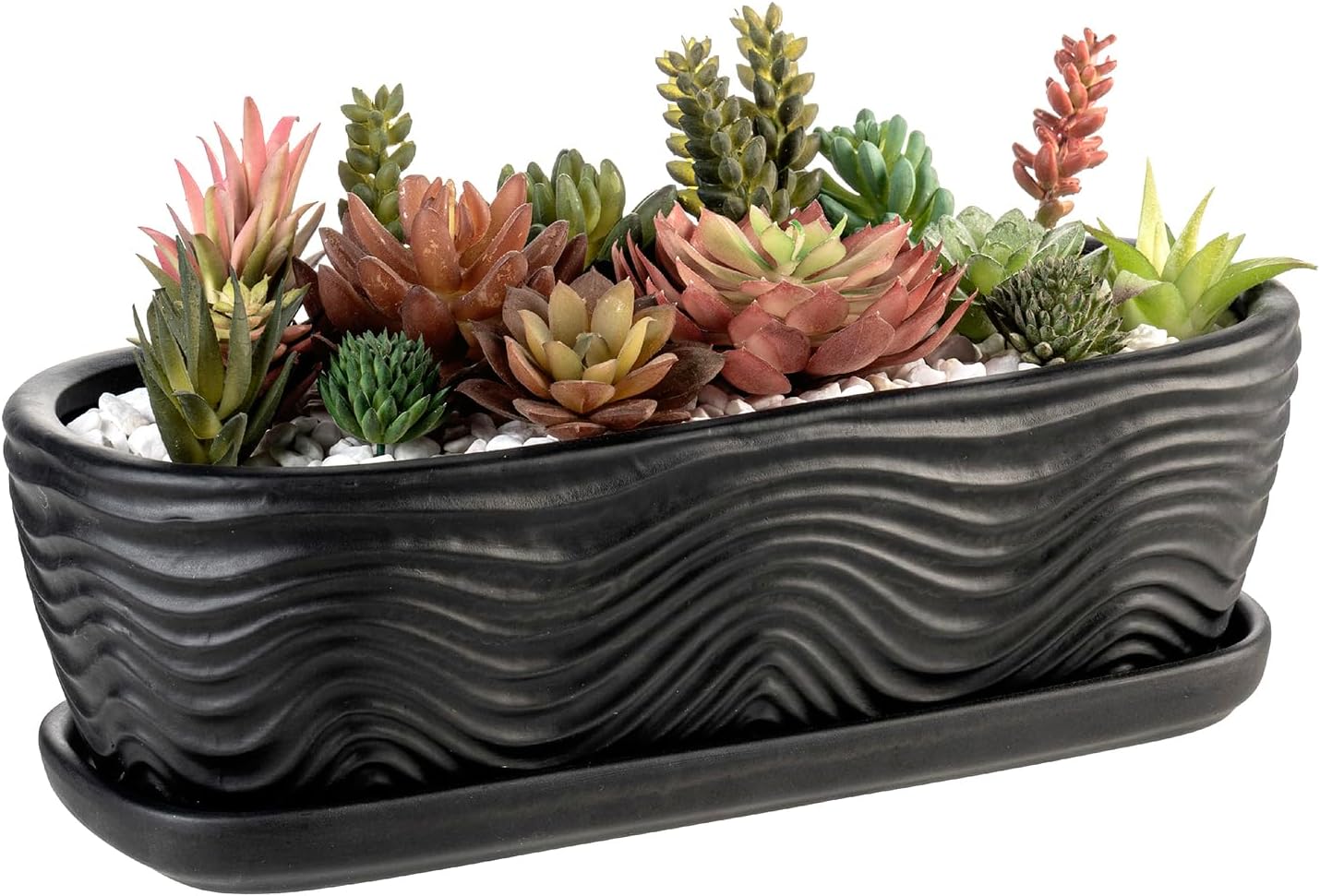 MyGift 13.5 inch Succulent Planter Pot, Oval Modern Ceramic Plant Box Container with Wave Textured Pattern and Removable Saucer Drip Tray (White)