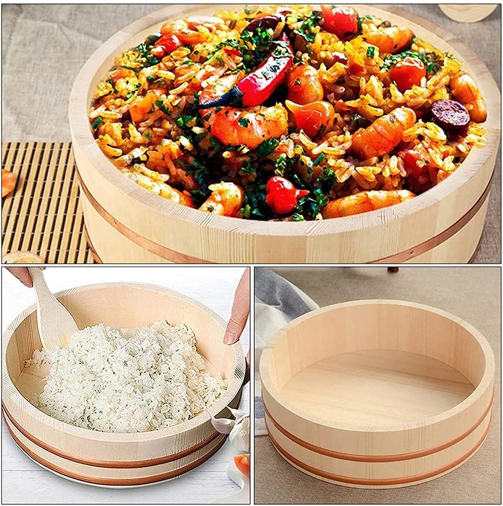 Wooden Hangiri Sushi Rice Mixing Tub Copper Band Japanese Sushi Rice Bowl Sushi Oke Sushi Restaurant Home Kitchen Rice Barrel(39x9cm)