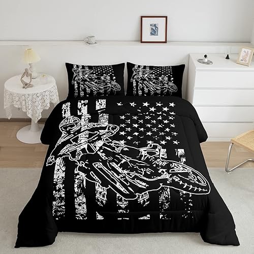 Erosebridal Juego de edredón de motocross para niños y niños, juego de ropa de cama con bandera estadounidense, tamaño individual, para hombres,