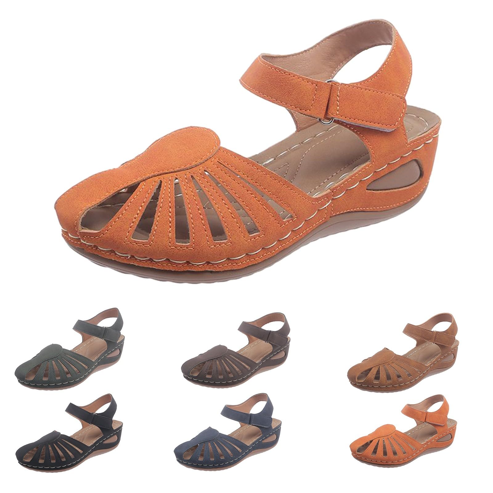 Sandalias de mujer cerradas de punta con cuña - Sandalias de mujer de verano ortopédicas desgarro zapatos cerrados delante con patrón perforado sandalia con cierre en el tobillo casual sandalia