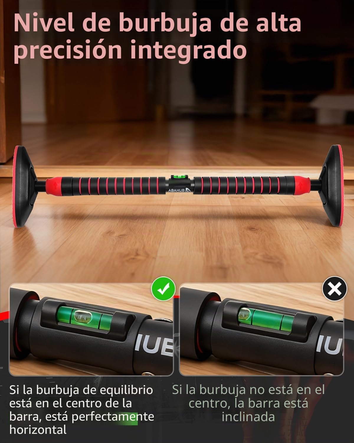 Abahub Barra para Tracciones de Puerta, Sin Tornillos, 120kg de Carga - Para Entrenamiento Intenso de Espalda y Hombros – Negro/Rojo