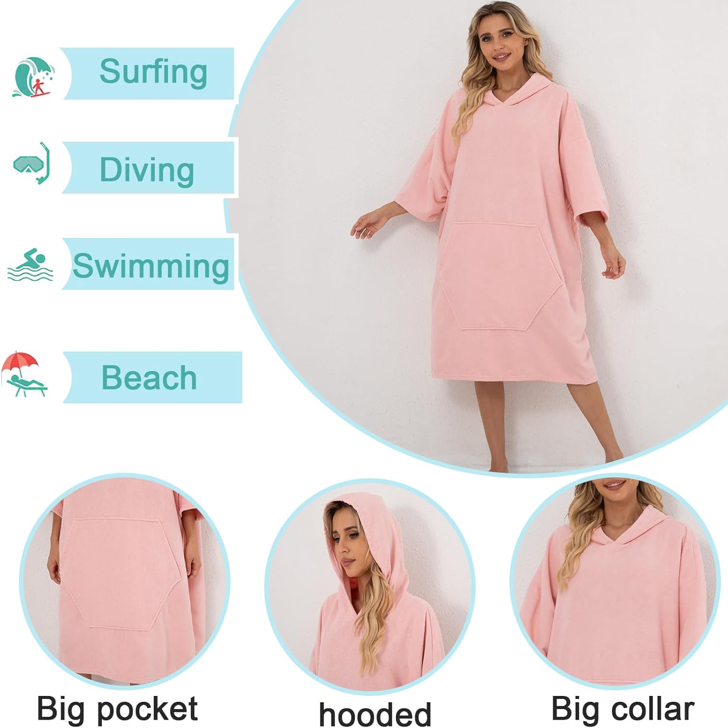 Surf Poncho Hooded Towel for Adults Quick Dry Beach Changing Robe with Pockets, Unisex Swim Cover-Up, Pink Bath Towel for Surfers & Swimmer Gifts - Image 4