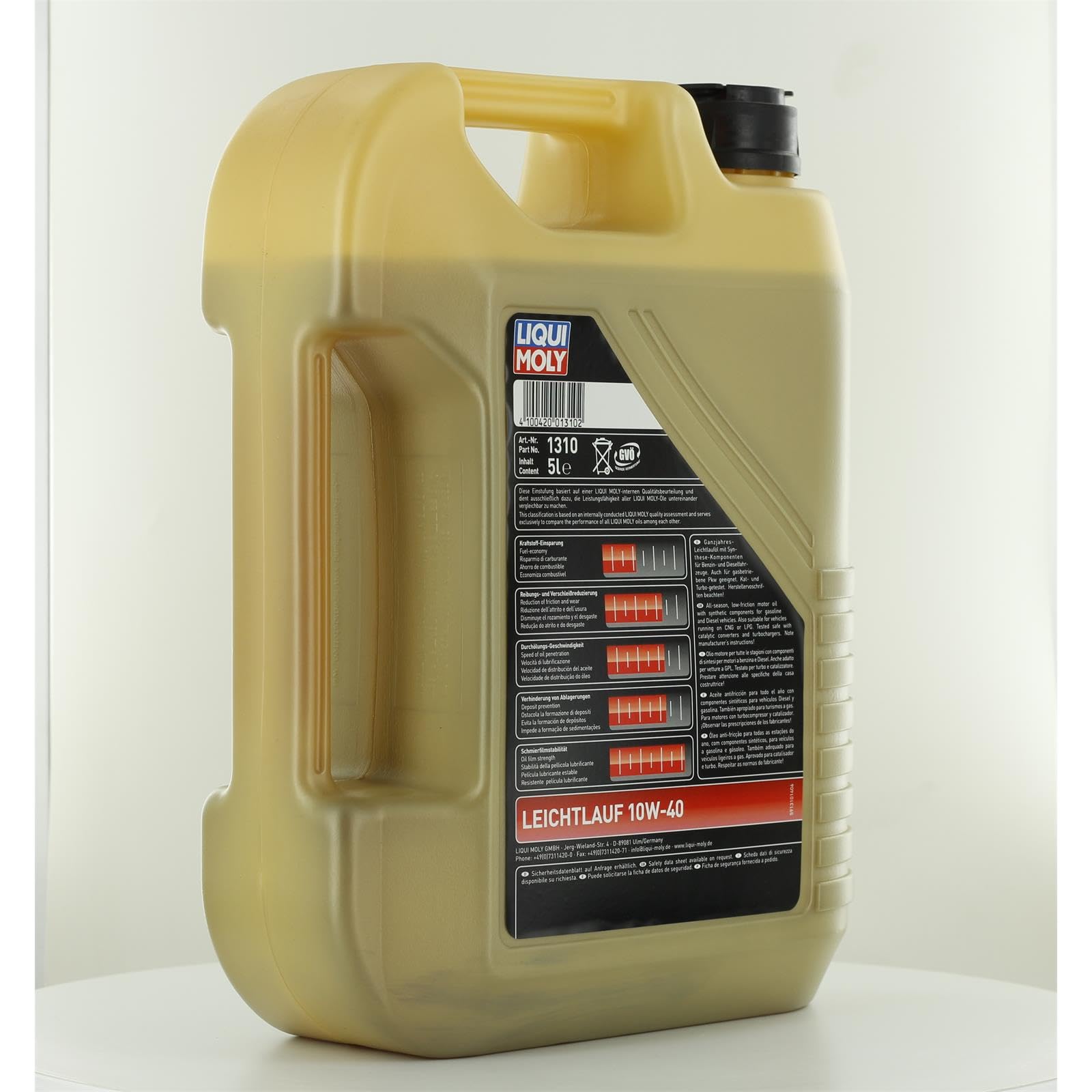 LIQUI MOLY Huile moteur Leichtlauf 10W-40 Huile en partie synthétique huile ACEA A3/B4 API SP 5 L Compatible avec VW Golf 4 3/5 portes 1J1 Golf 5 3/5 portes 1K1 Polo IV 3/5 portes 9N, 9A, SEAT, AUDI