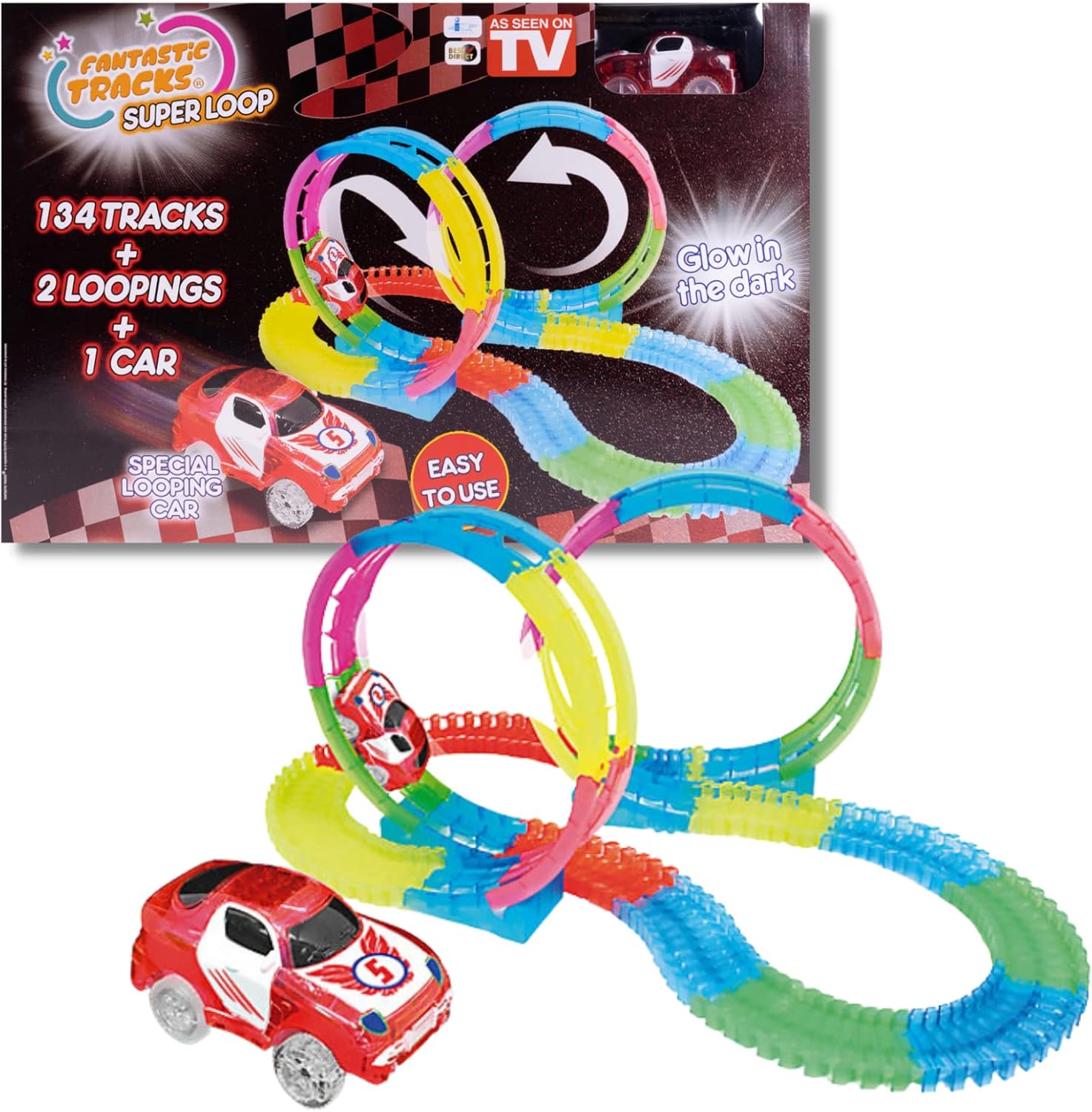 Coches de Carrera Especial para Fantastic Tracks Looping, 2 Coches con Faros de luz led, Brillan en la Oscuridad (Pista Looping)