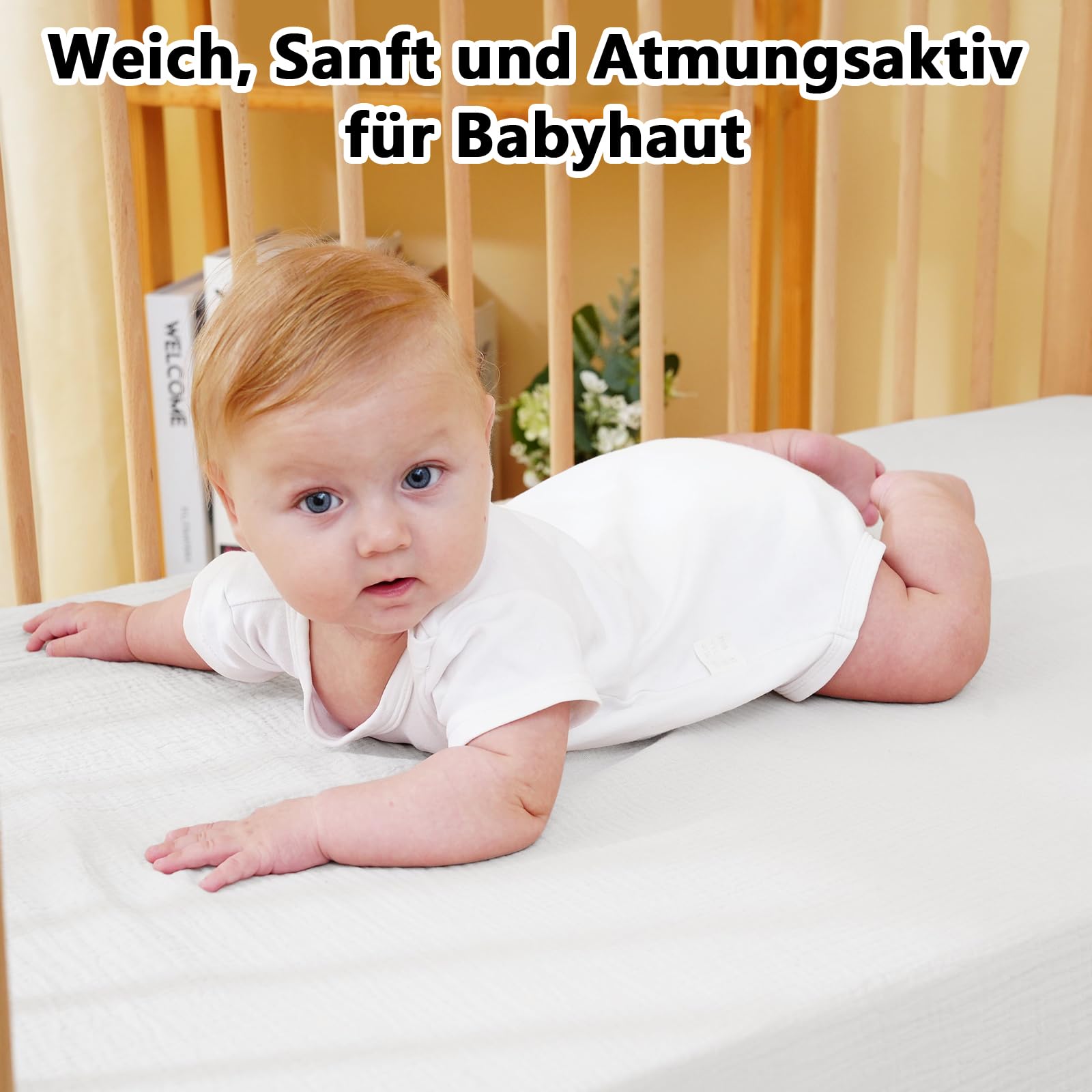 Fitted Sheet for Baby Cot 60 x 120 cm - 100% Cotton Muslin Baby Fitted Sheet with Elasticated Edge, Soft and Breathable Baby Bed Sheet for Cot Cot Bed Side Cot (White, 60 x 120 cm) — view 3