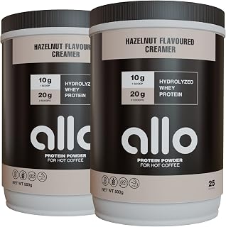 Allo Hazelnut High Protein Powder Coffee Creamer for Hot & Cold Coffee, Tea, Chocolate, Drinks | Low Carb, Gluten-Free, Clump-Free, Sugar-Free | 20 Grams of Hydrolyzed Whey Protein Powder | 500g (2 Pack)