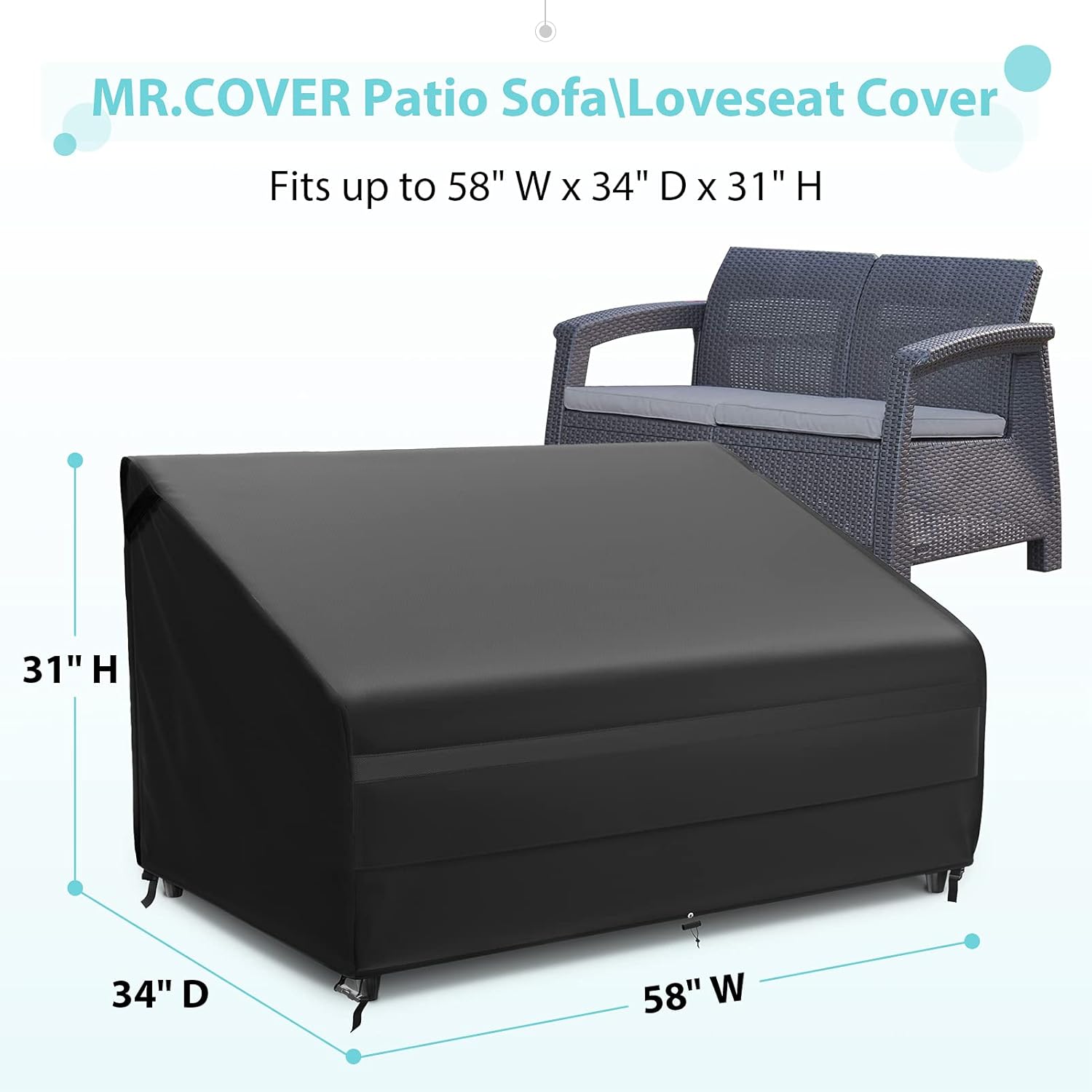 MR. COVER Waterproof Patio Loveseat Cover, Outdoor Furniture Cover, 58W x 34D x 31H Inches, Strong & Sturdy, Classic Black, Nuit Series : Patio, Lawn & Garden