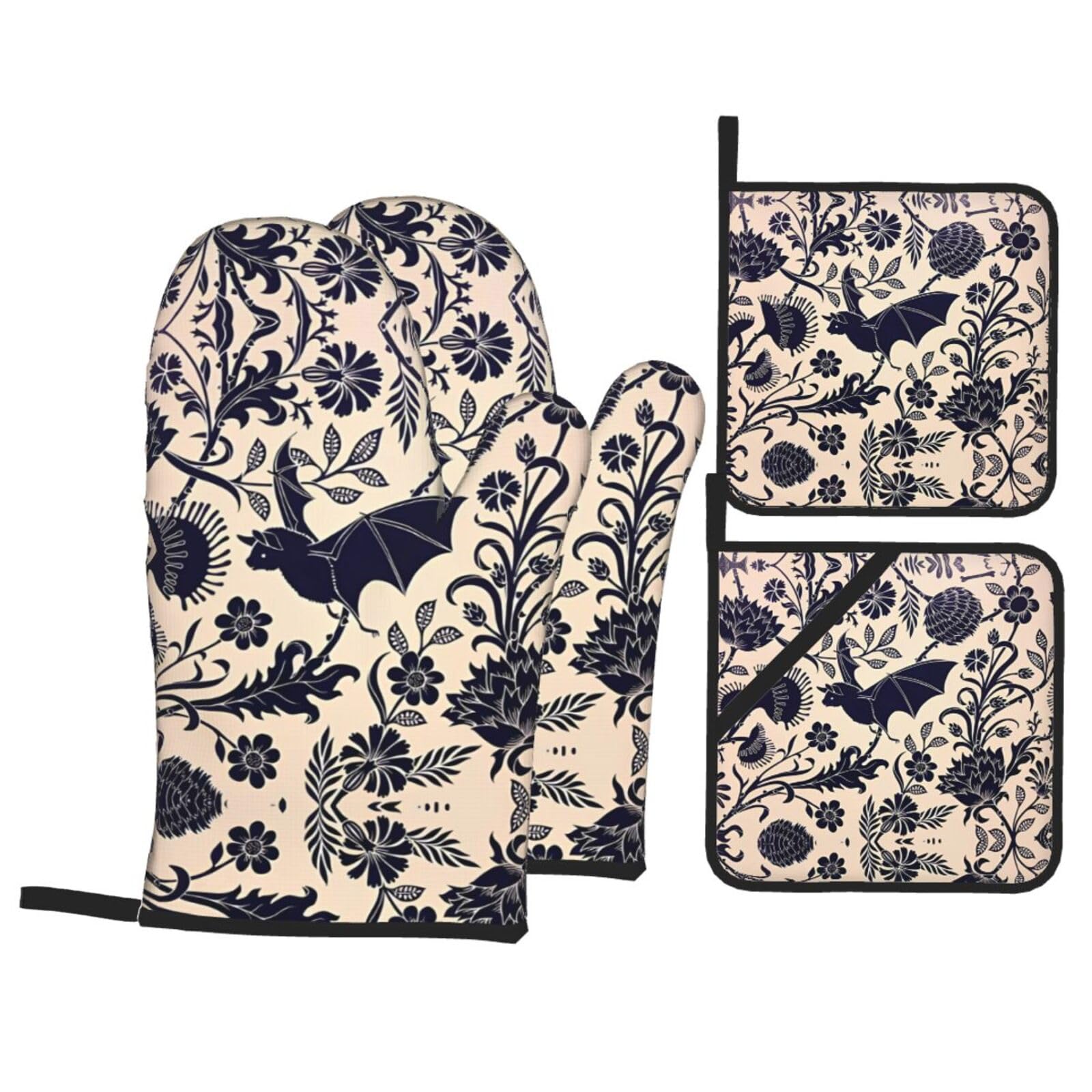 WHJSSF Bat Print Prints Kitchen Baking Set - 4-Piece Heat Protection Layers with Waterproof Potholders for Oven, Grill & Serving