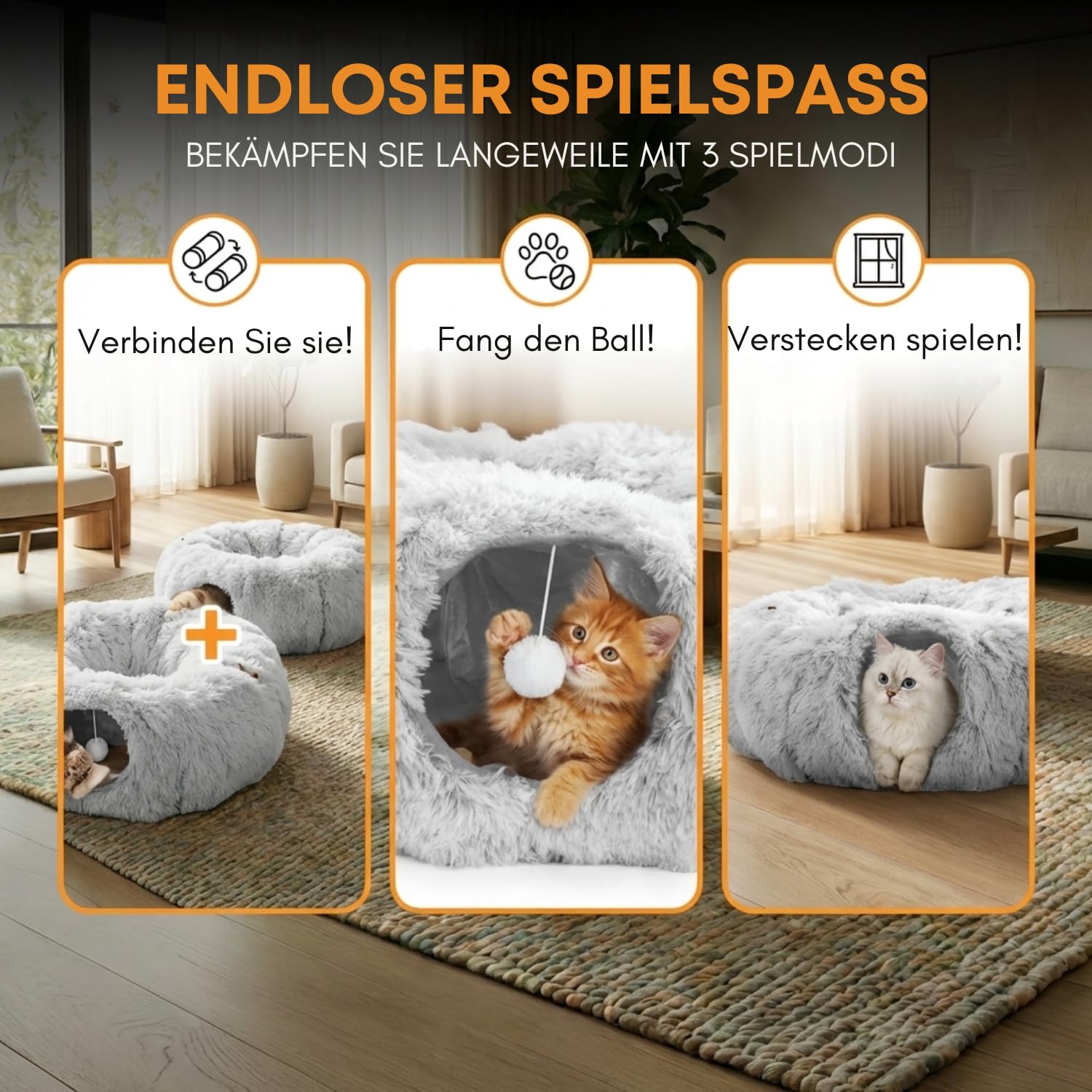 One PETS-TOP Katzentunnel – Tunnel für Katzen Rund mit Schlafplatz & Bed – Katzentunnel XXL Große Katzen – Donut Rascheltunnel aus Plüsch – Cat Tunnel