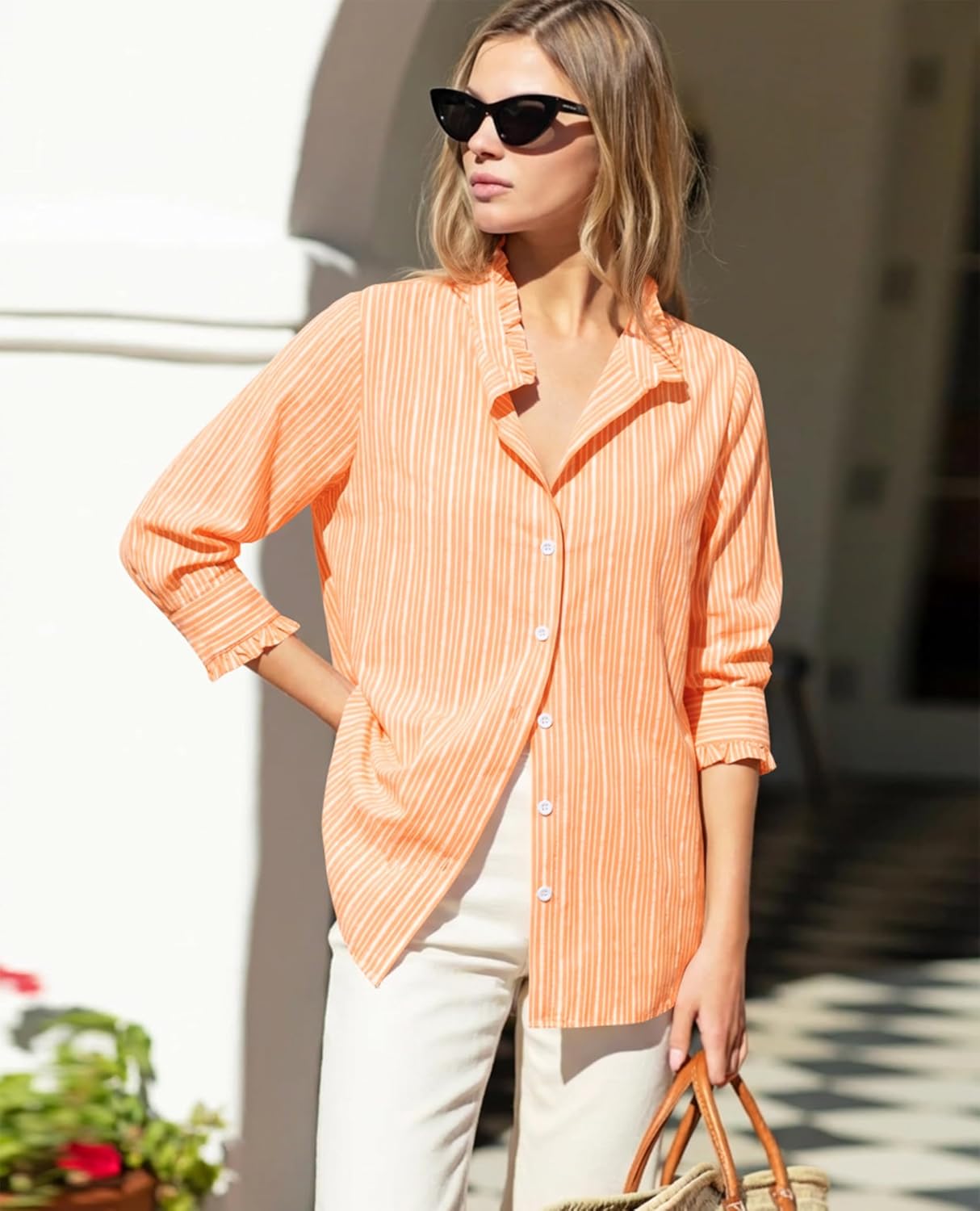 siliteelon Womens Striped Button Down Blouse Dress Casual Long Sleeve Shirt Ruffle Trendy V Neck Office Work Tops - Image 4