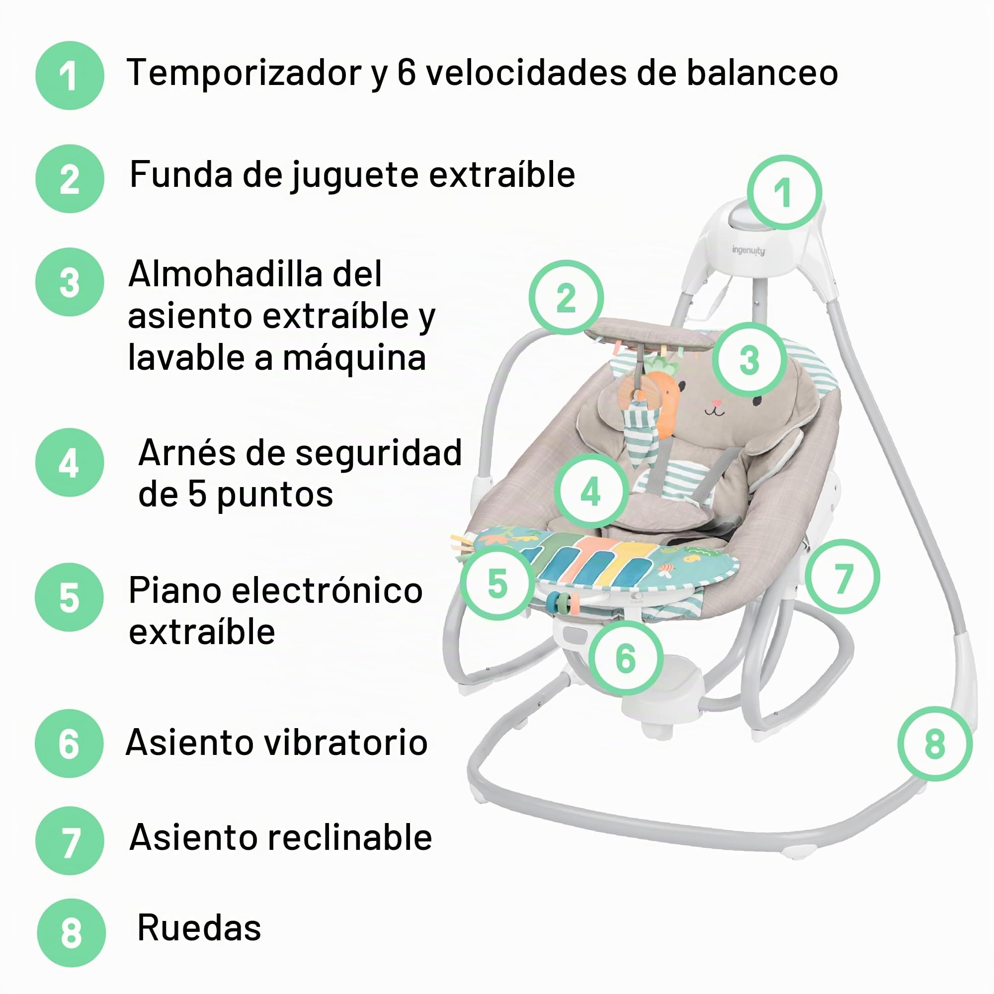 Ingenuity SimpleComfort Piano Playtime Columpio y Mecedora para bebés 4 en 1, 180 Grados y 3 direcciones, 0-24 Meses