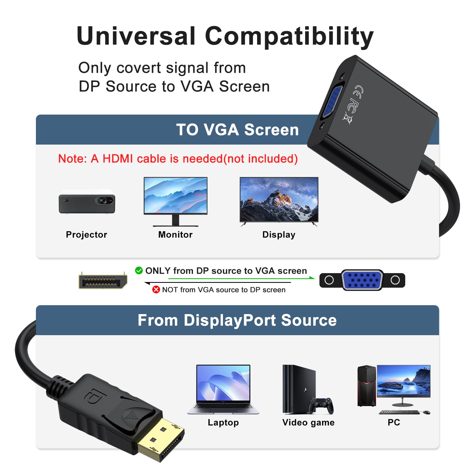 YLK Adaptateur DisplayPort vers VGA 1080P (Mâle vers Femelle) Compatible avec Lenovo, Dell, HP, ASUS, PC, Screen, Projector (Noir)