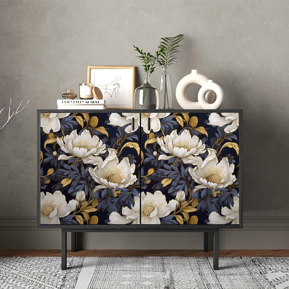 REDAMANCY Modern Boho Blue and White Peony Flower Luxurious Peel and Stick Wallpaper Vintage Wall Paper Stick on Contact Paper Easy Peel Off for nightstand Drawer Renter Friendly 17.7"x236"