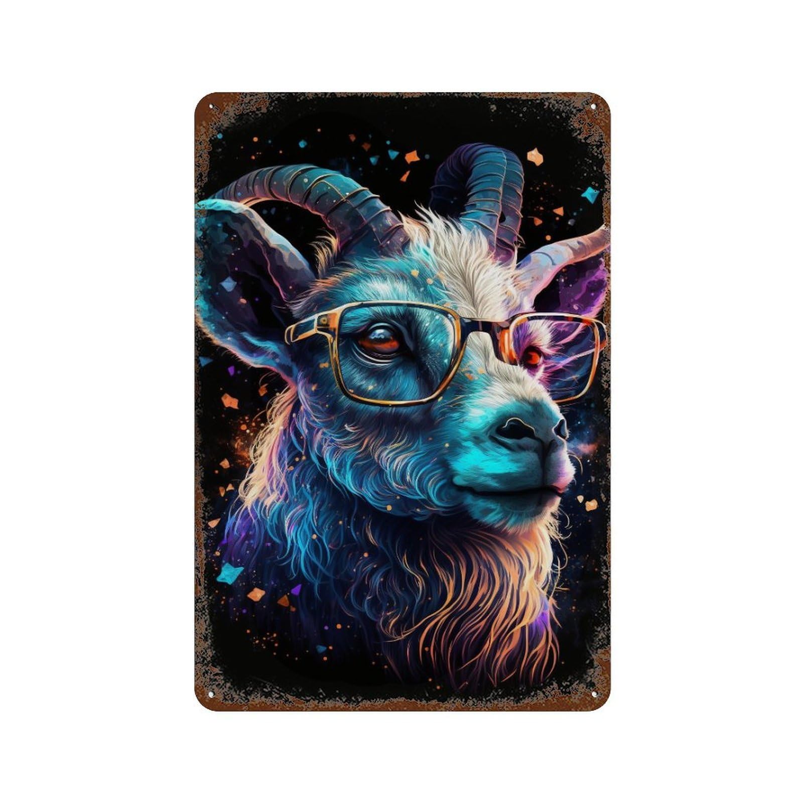 Rust Effect Neon Goat with Glasses Rusty Metal Tin Sign 11.8"x7.9", Farmhouse Wall Decor for Cafe, Home Bar And Lounge Decor