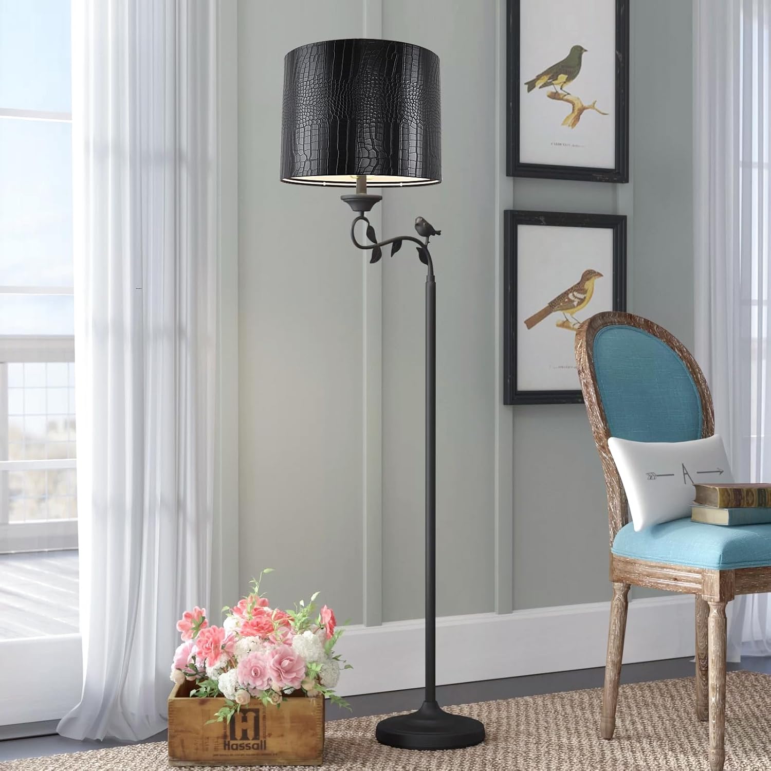 PIKOPIKO Black Reptile Print Drum Lamp Shade 13"Top x 13"Bottom x 10"High(Spider) Medium Modern Lamp Shades for Table & Bedside Lamp - Top and Bottom Self Trim Lampshades Replacement