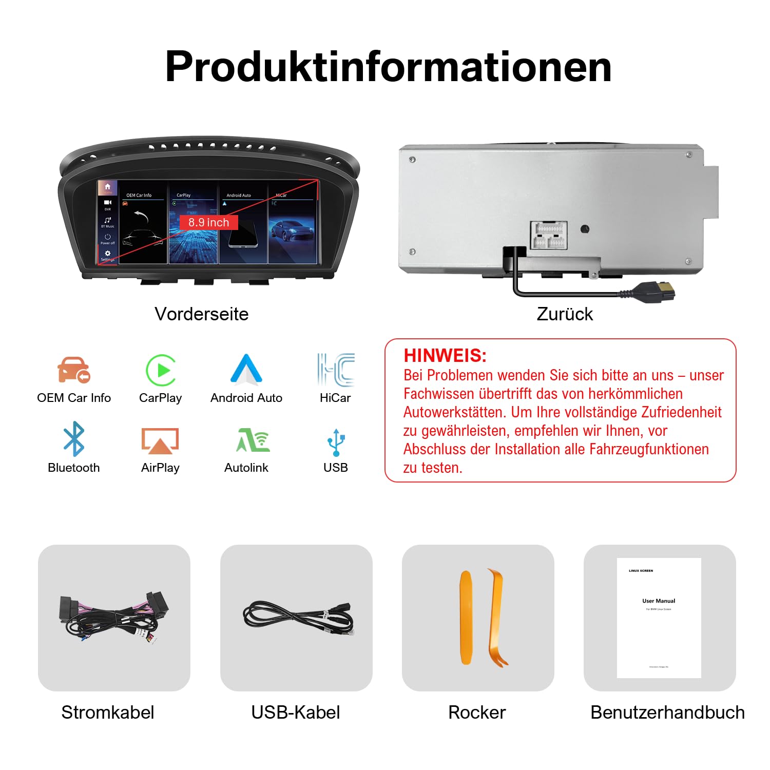 Linux Autoradio für BMW 3er 5er CCC System mit CarPlay & Android Auto | 8,8 Zoll, E90 E91 E92 E93 E60 E61 (2003-2008) Plug & Play, erhält Original iDrive, Lenkradsteuerung OEM Rückfahrkamera