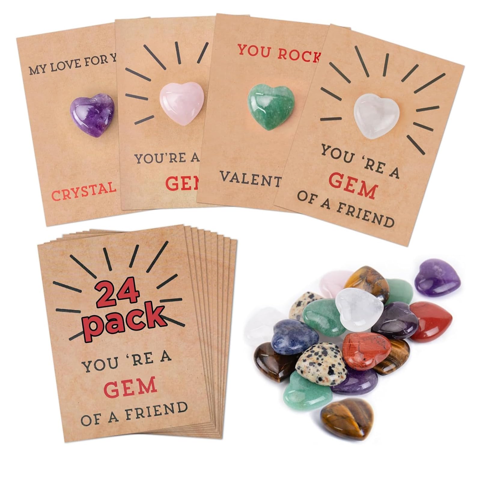 Valentines Crystals Card, 24 Pack Valentines Day Gift Exchange Card with Heart-Shape Crystals, Kids Funny Gifts for Boys Girls Toddler Class Classroom School Party Favor