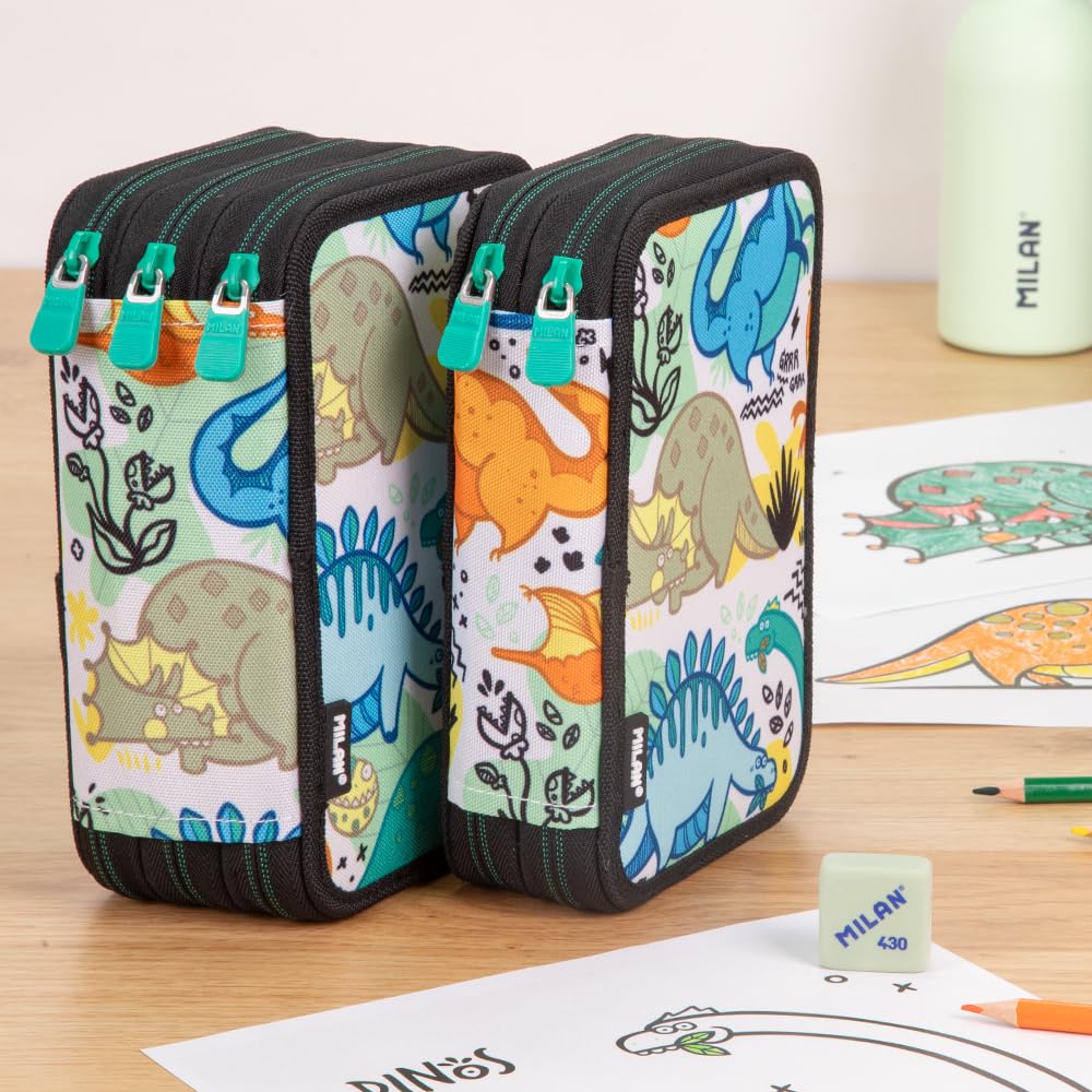 MILAN® Federmäppchen mit 3 Etagen und speziellem Inhalt der Dinos-Serie, verschieden