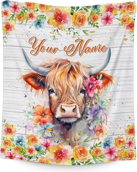 Custom Highland Cow Blanket, Cozy Soft Throw Gifts for Girls, Cute Colorful Flannel Throw Blankets for Couch Office, 40x50 Inches