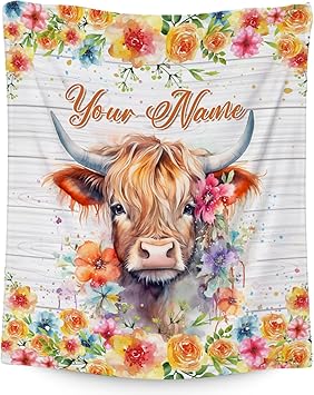 Custom Highland Cow Blanket, Cozy Soft Throw Gifts for Girls, Cute Colorful Flannel Throw Blankets for Couch Office, 40x50 Inches