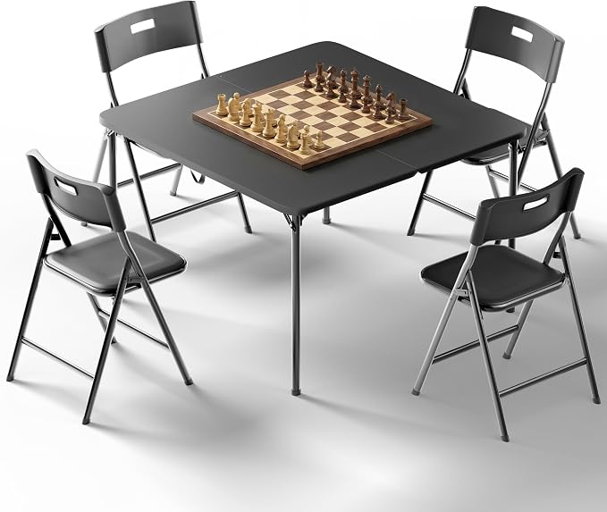 5-Piece Square Folding Table and Chairs Set, 34" Card Table with 4 Durable 330lbs Chairs for Card Games, Dining, Indoor & Outdoor Use, Black