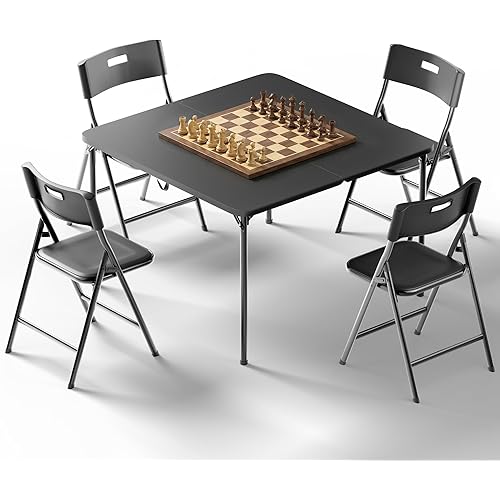 5-Piece Square Folding Table and Chairs Set, 34" Card Table with 4 Durable 330lbs Chairs for Card Games, Dining, Indoor & Outdoor Use, Black