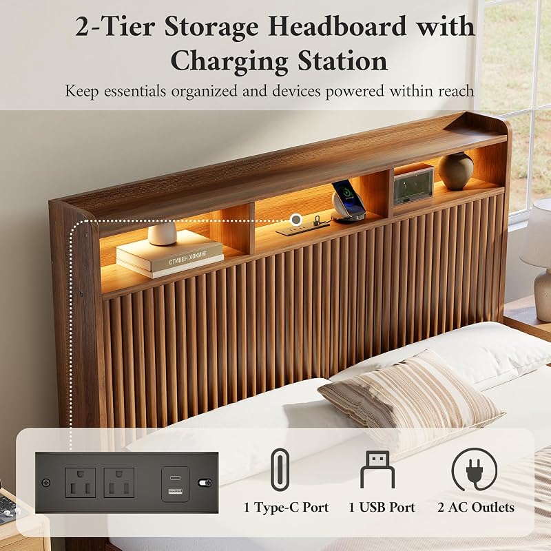 Queen Bed Frame with Headboard and Storage Drawers, Queen Size Platform Bed Frame with LED Lights and Charging Station, Fluted Wood Grain Design, No Box Spring Needed, Walnut image 5