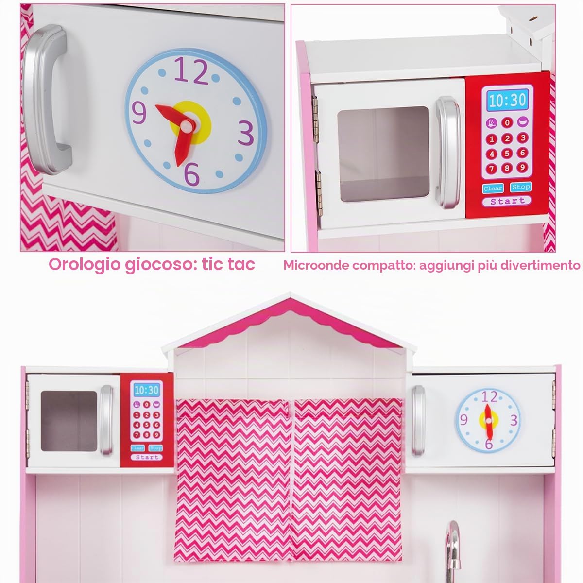 HOMASIS Cucina Legno per Bambini Rosa, Con Lavandino, Forno e Microonde, Giocattolo Educativo da 3+ Anni, Cuore Rosa