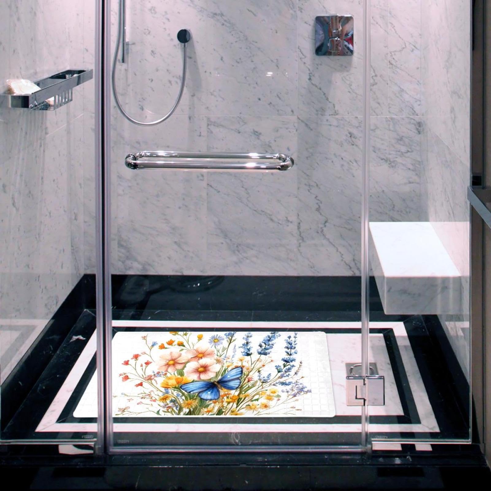 Badematte für die Badewanne, Motiv: Sommermotiv, Wildblumen, Schmetterlinge, rutschfest, rechteckig, Duschmatte mit Saugnäpfen, maschinenwaschbar, Badezimmermatte, 39,9 x 70,9 cm