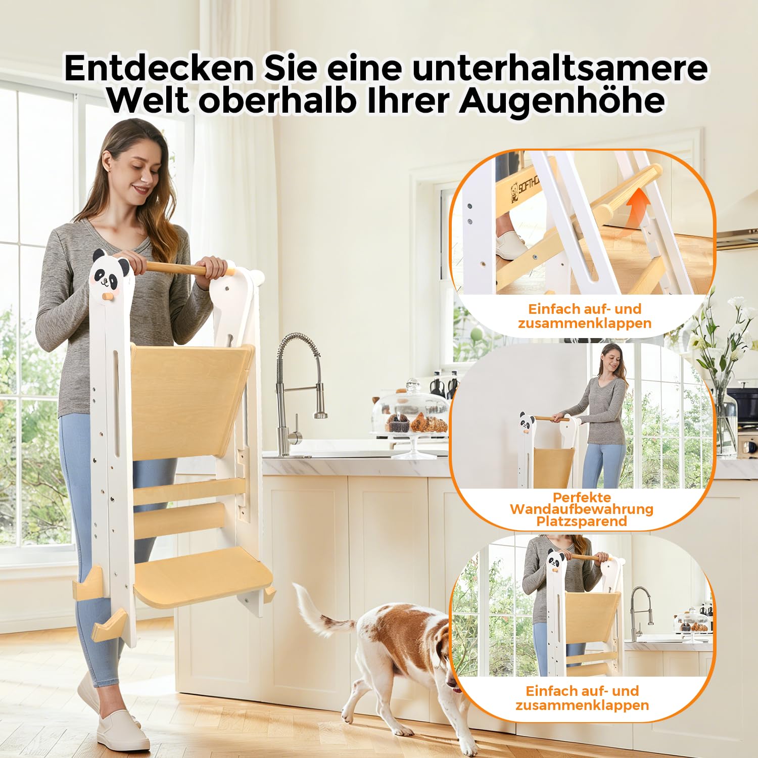 Lernturm Montessori Platzsparend und Höhenverstellbar Klappbar Lernstuhl für Kinder mit Kippschutz & Anti-Rutsch-Trittfläche für Kinder ab 1 Jahr Learning Tower, Tritthocker, Schemel