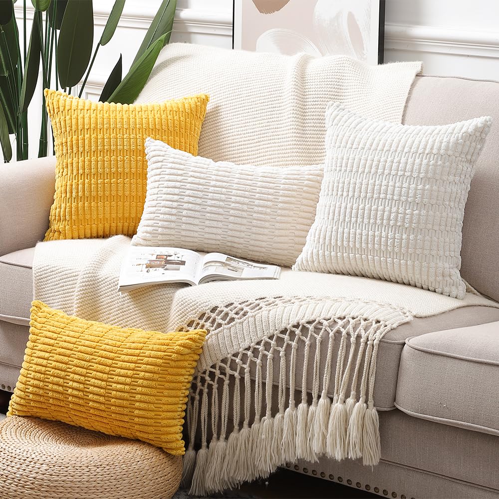 Madizz Lot De 2 Housses Coussin Velours Côtelé Rayé Boho Avec Franges – 30x50 Cm, Marron, Ultra Douces Canapé & Chambre