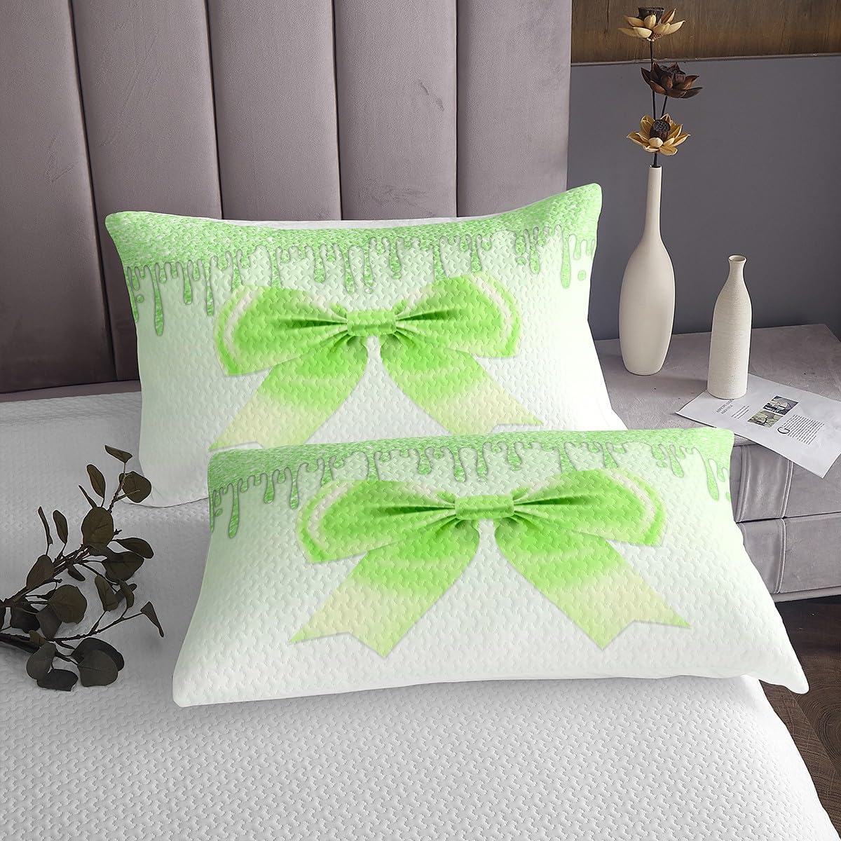 Erosebridal Cute Ribbon Bowknot Quilt Set Simple Green Ink Fluid Art Bedspread Set Queen, Watercolor Bow Knot Coverlet Set Princess Bow Tie Quilted, Kawaii Room Decor