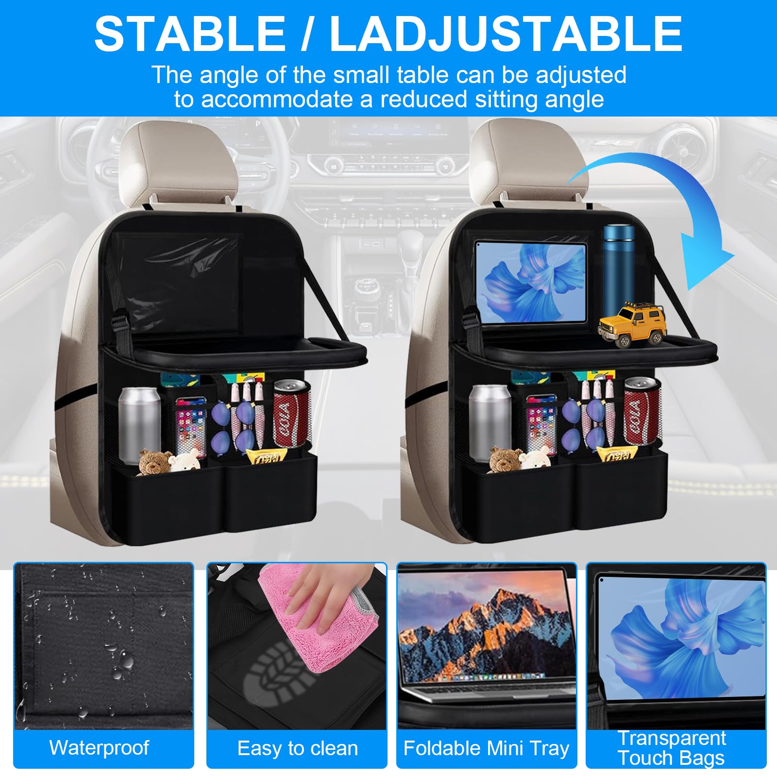 2 Pièce Protections Dossier de Siège voiture, Protege Siege Car Enfant, Organisateur voiture Enfant, Imperméabl Rangement avec Plateau de voyage et Poche Transparente, Noir