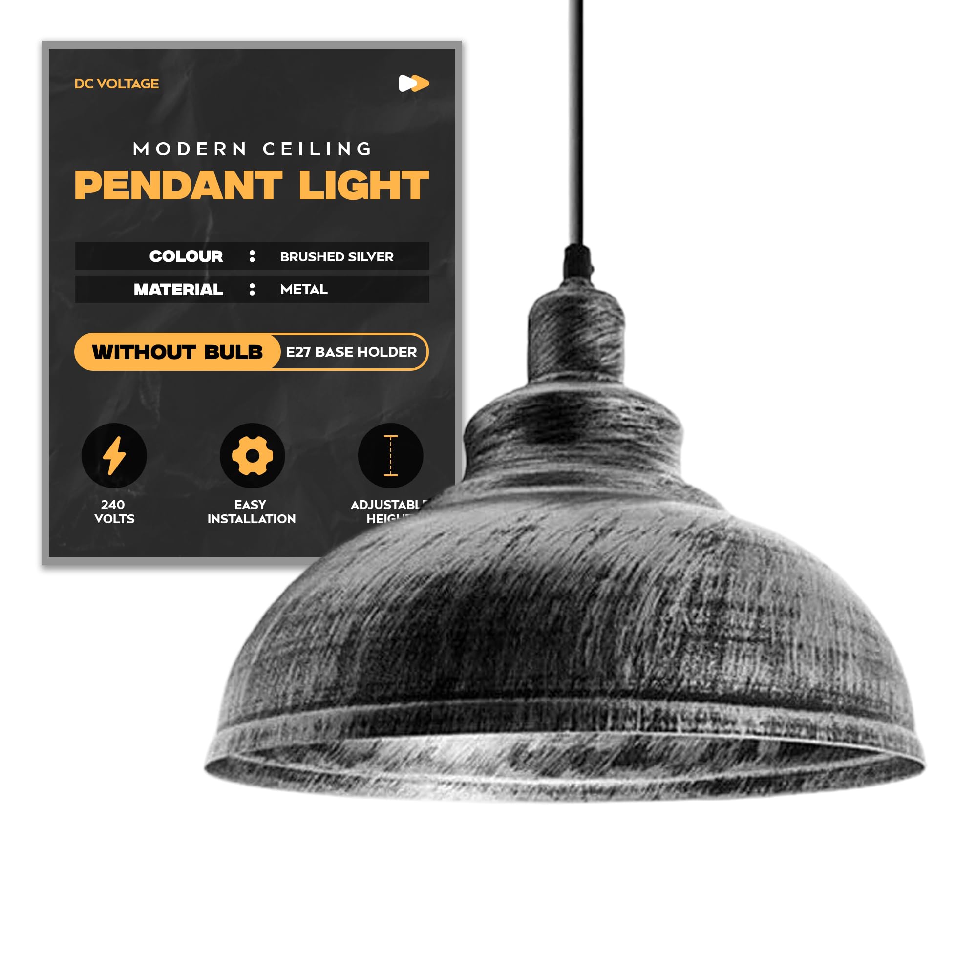 Dc Voltage Brushed Silver Pendant Light Metal E27 95Cm Adjustable Hanging Lamp Shade