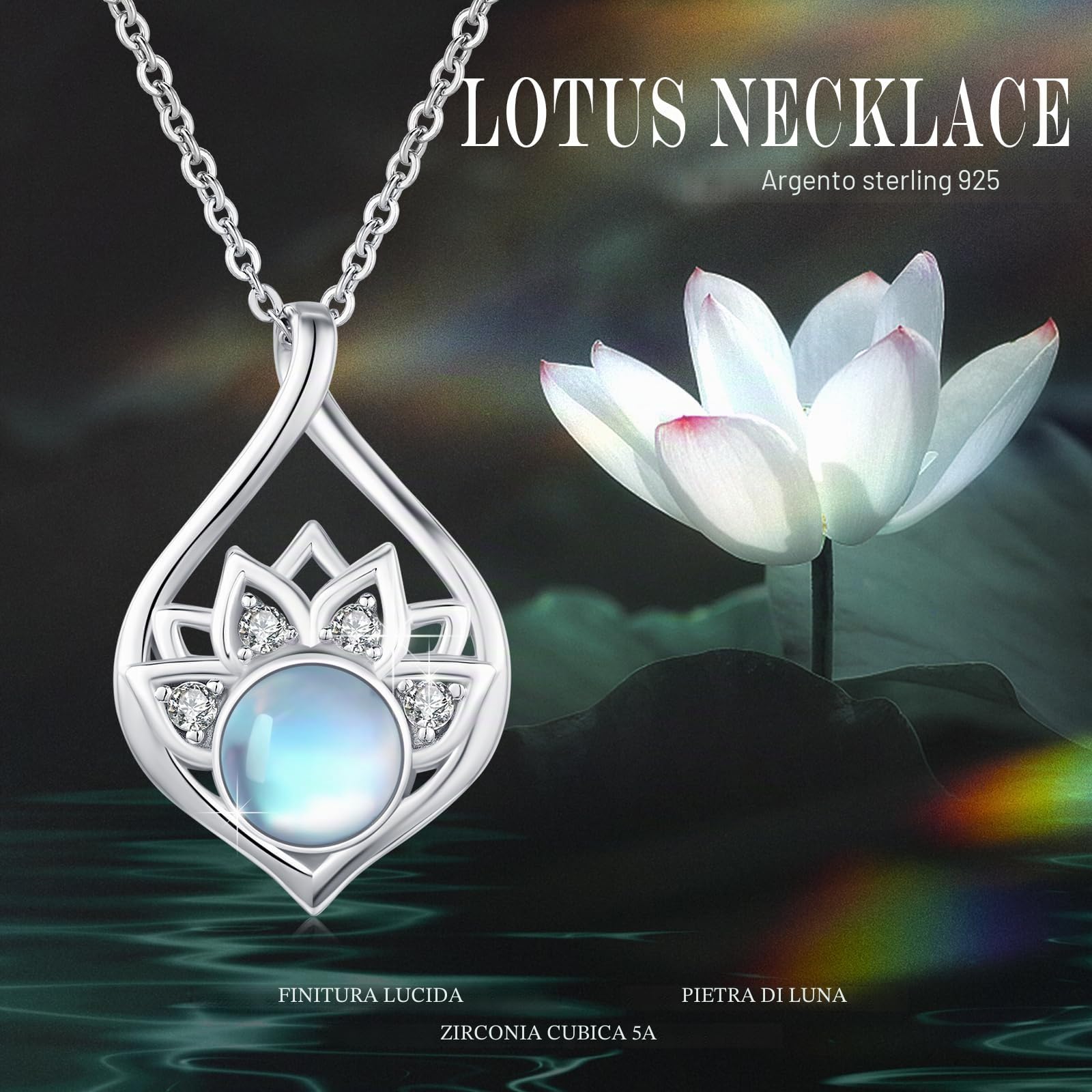 OHAYOO Lotus - Collana da donna in argento Sterling 925 con pietra di luna, occhi di gatto, acquamarina, turchese, opale, ghiaia di abalone, collana da yoga, idea regalo per donne e ragazze