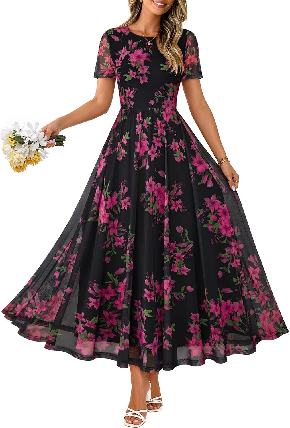 MEROKEETY Women' Summer Floral Maxi Dress 2026 Spring Mesh Short Sleeve Flowy Wedding Guest Beach Long Dresses