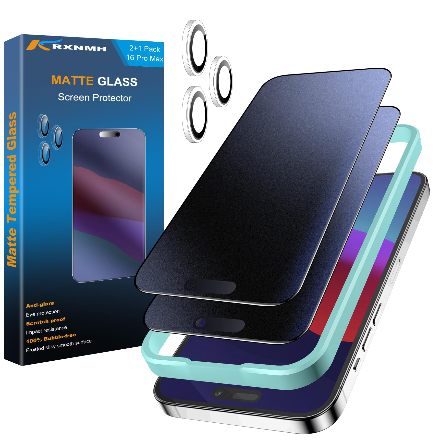 Protection d'écran mate iPhone 16 Pro Max et protège-objectif Lot de 2+2 - 8