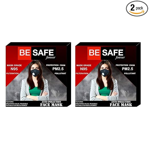 BE SAFE Forever Anti Pollution Face Mask with Activated Carbon- KN95 Filter, for Men/Women Pack of 2