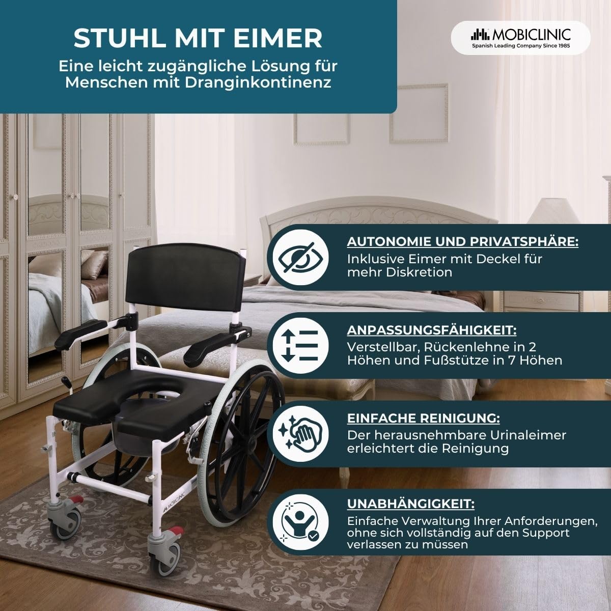 Mobiclinic®, Toilettenrollstuhl, Höhenverstellbar, Selbstfahrend, Calígula, Klappbare Fußstütze und Armlehnen, Mit Abnehmbarer Schüssel, Bremse an den Rädern, Aluminium