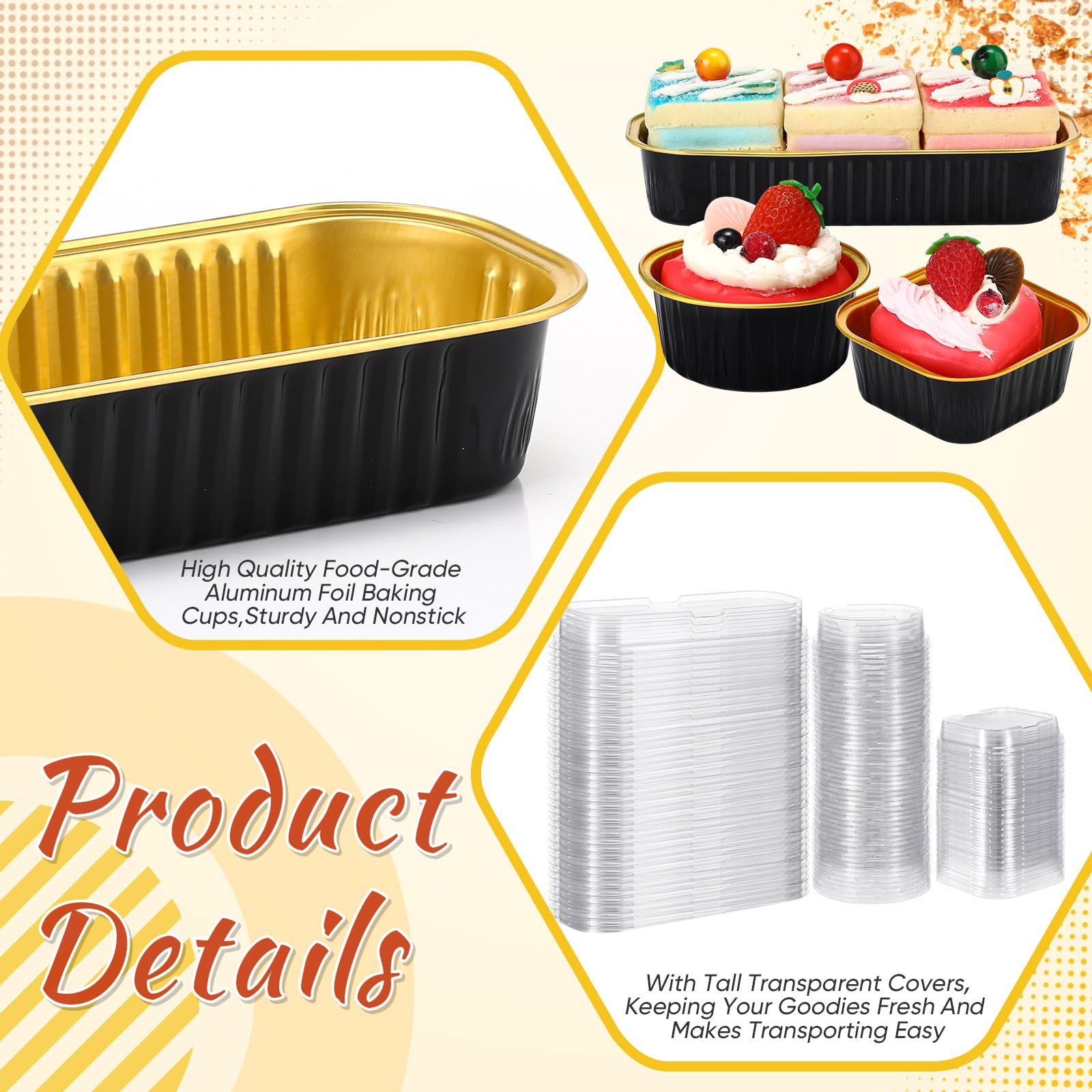 Rtteri 150 mini moldes para tartas con tapas, moldes desechables de 6.8 onzas, 5 onzas, moldes de papel de aluminio para hornear, moldes rectangulares redondos cuadrados para cupcakes, moldes para