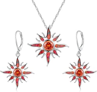 Created Orange Fire Opal Orange Garnet Rhodium Plated Women Jewelry Gemstone Pendant Necklace 1 1/4" and Sun Dangle Earrings Sets