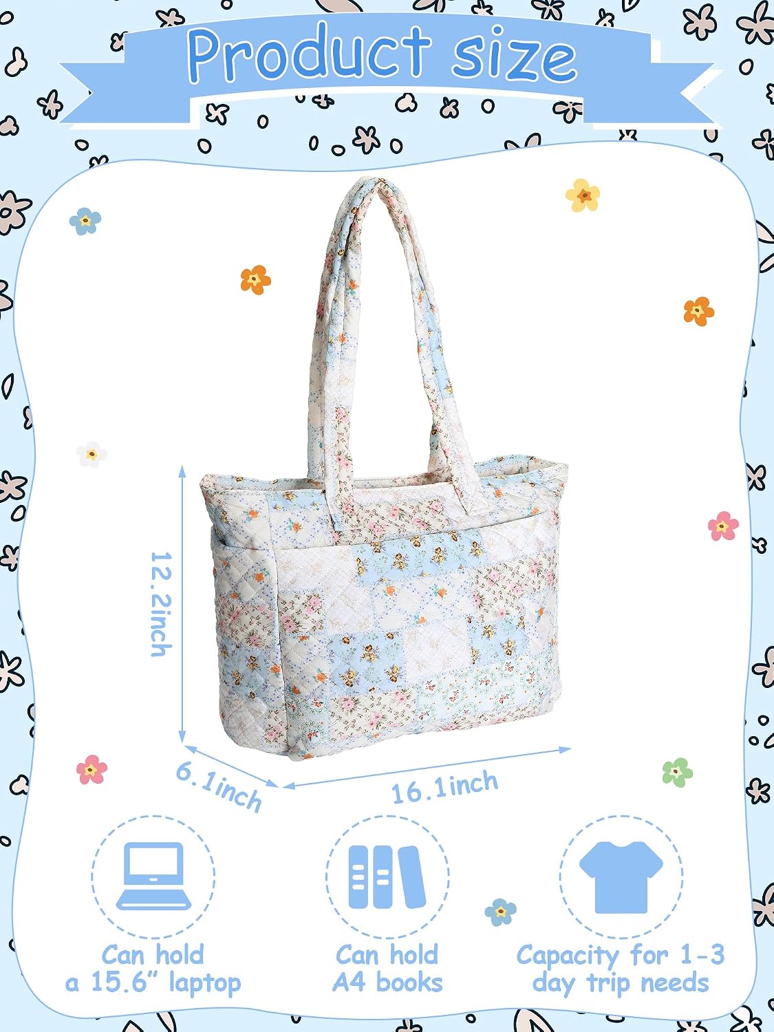Women Blue Floral/Pink Bow Tote Bag Lightweight Puffy Tote Bag with Zipper Quilted Shoulder Handbag for Travel Work