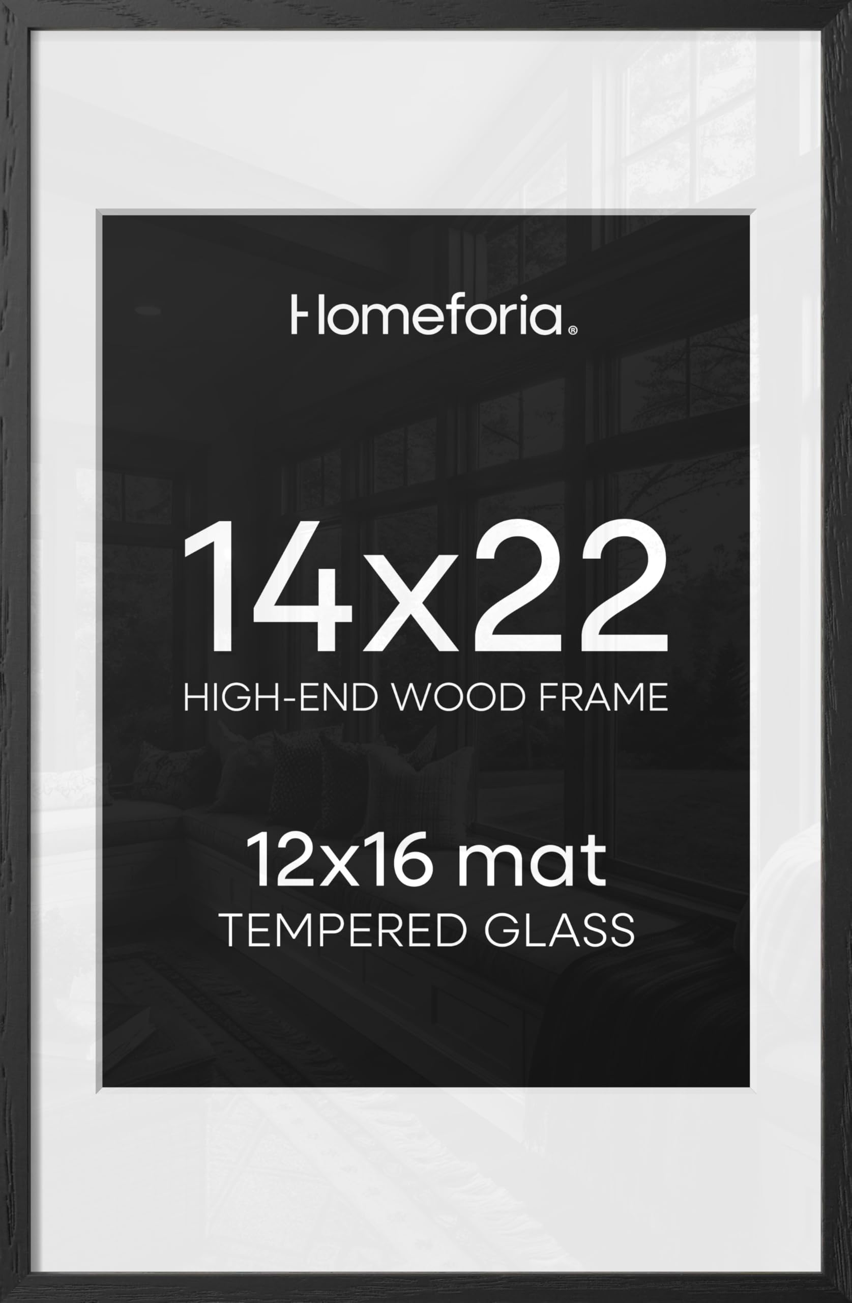 Homeforia 14x22 Black Oak Picture Frame, High-End Wood, 12x16 Mat, Glass | High End Solid Oak Wood, Tempered Glass, Acid-Free 12x16 Removable Mat, 14x22 Edge-to-Edge Display 22x14, Wall Kit, Set Of 3