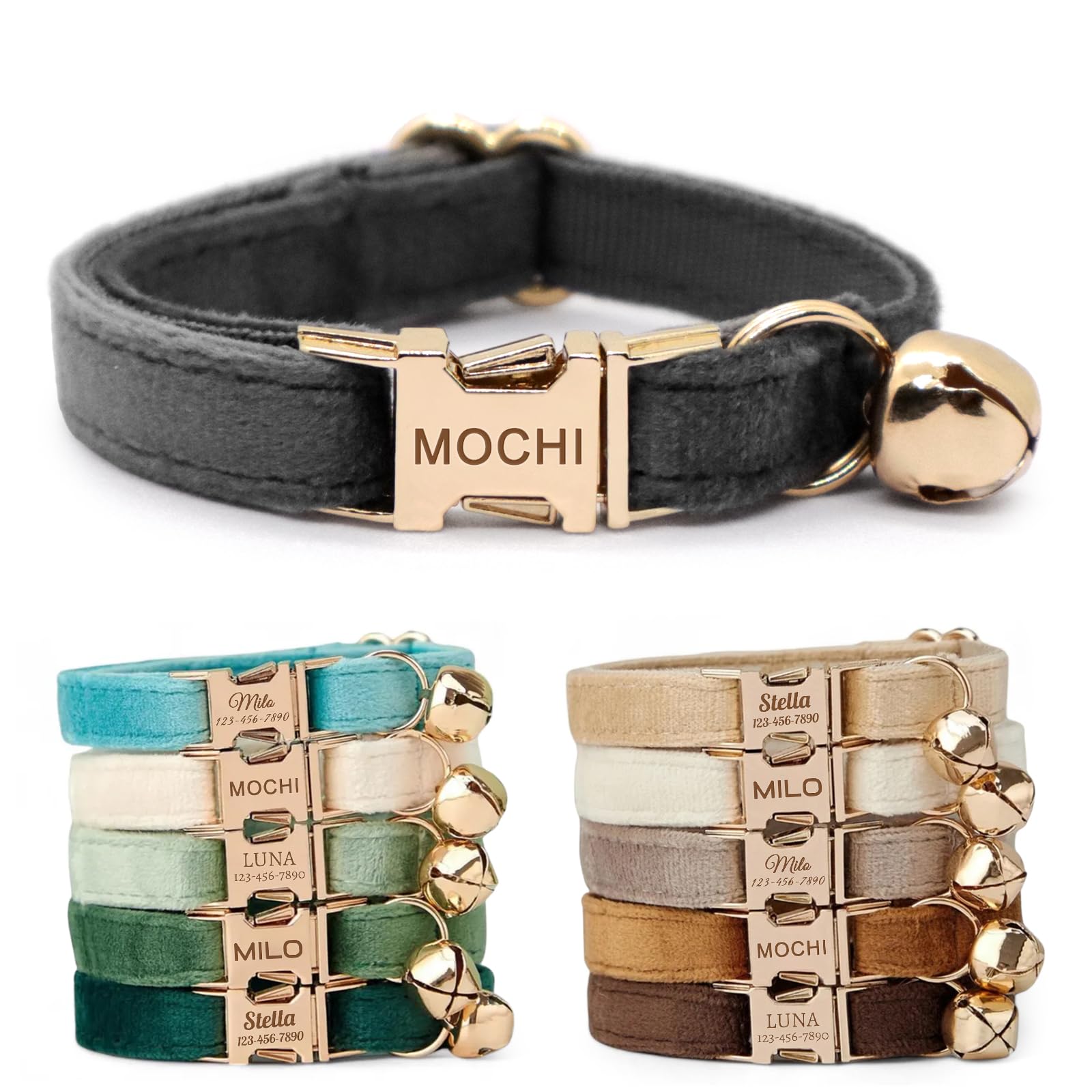 CHRYMPETIC Non-Breakaway Velvet Personalised Cat Collar with Name - Customisable Collar with Bell & Bow Tie Available (Charcoal)