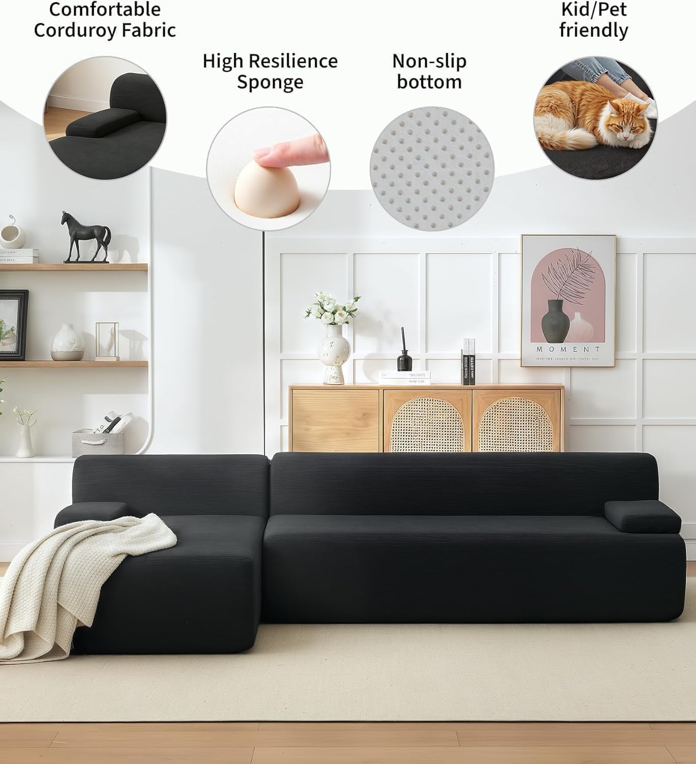 Acekool Sofá Esquinero Modular Estilo Nube 273 cm en Terciopelo Acanalado | Gran Chaise Longue a la Izquierda, Asiento Profundo, Entrega Compacta Sin Montaje